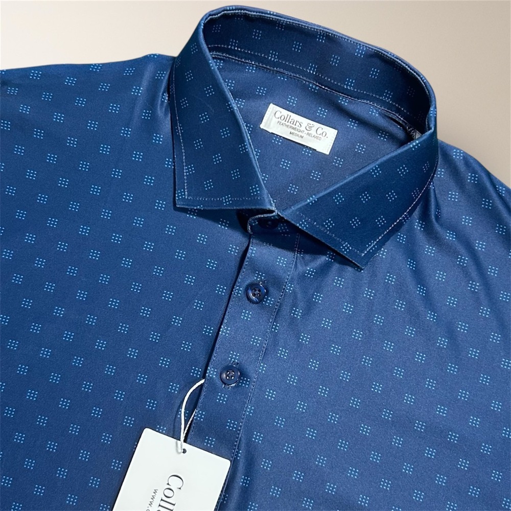 Collars & Co Mens M Oracle Navy Dot Featherweight Flex‎ Relaxed Polo Golf Shirt